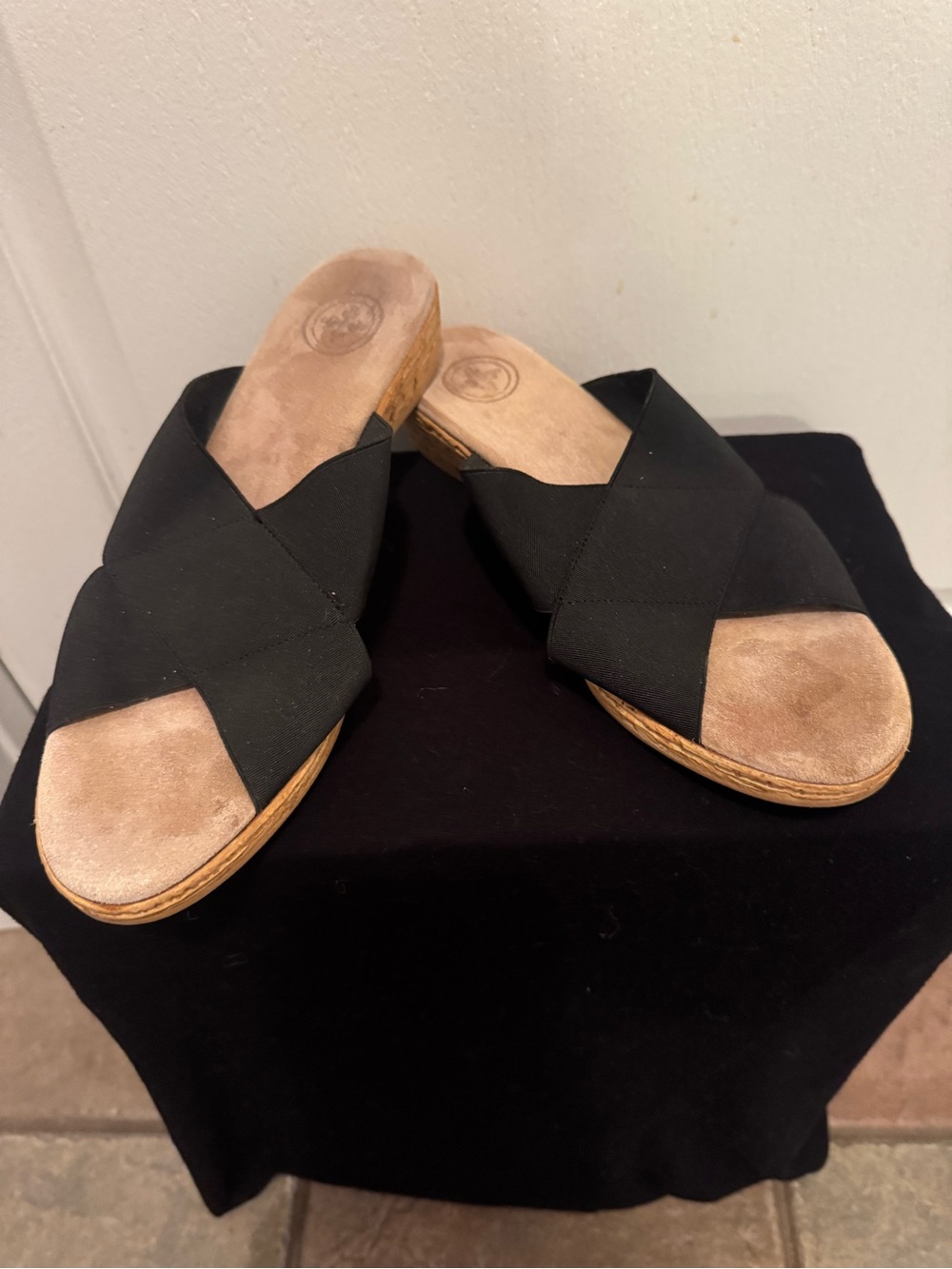 CHARLESTON SHOE CO. Black Crisscross Slide Mules